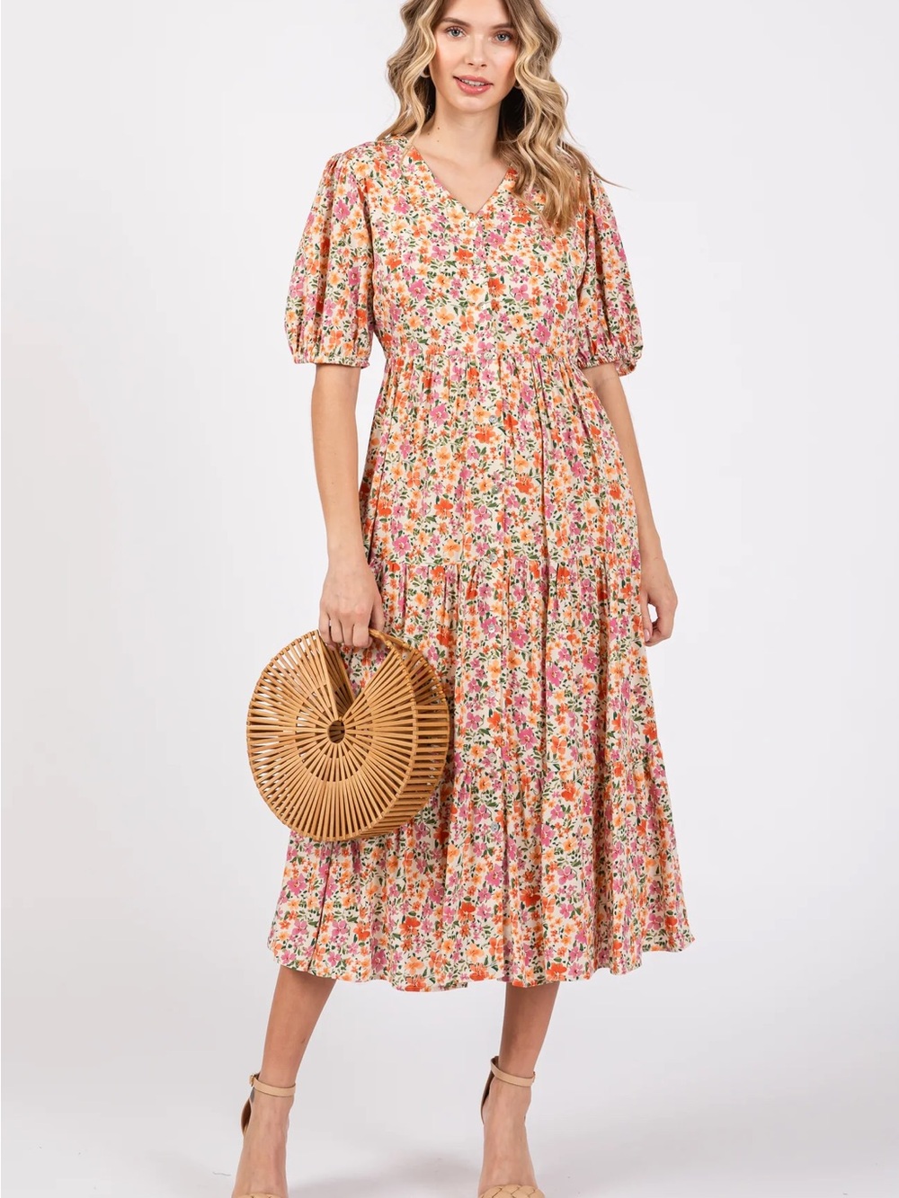 orange creek Pink Floral Midi Dress with Puff Sleeves